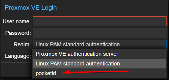 You should select the pocketid option in the login screen of Proxmox VE.