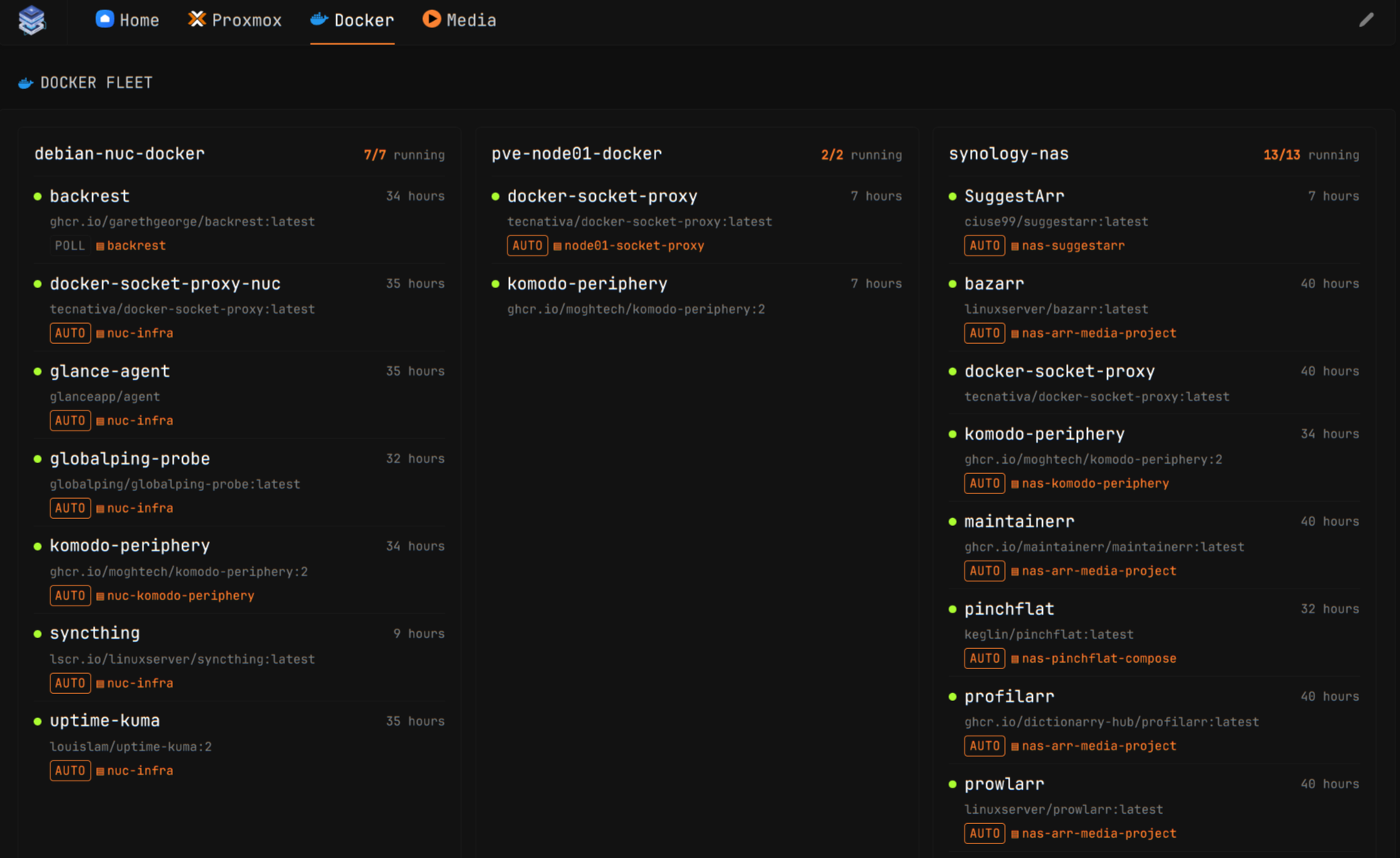 Dynacat custom widget showing Docker hosts, stack status and pending updates from Komodo API