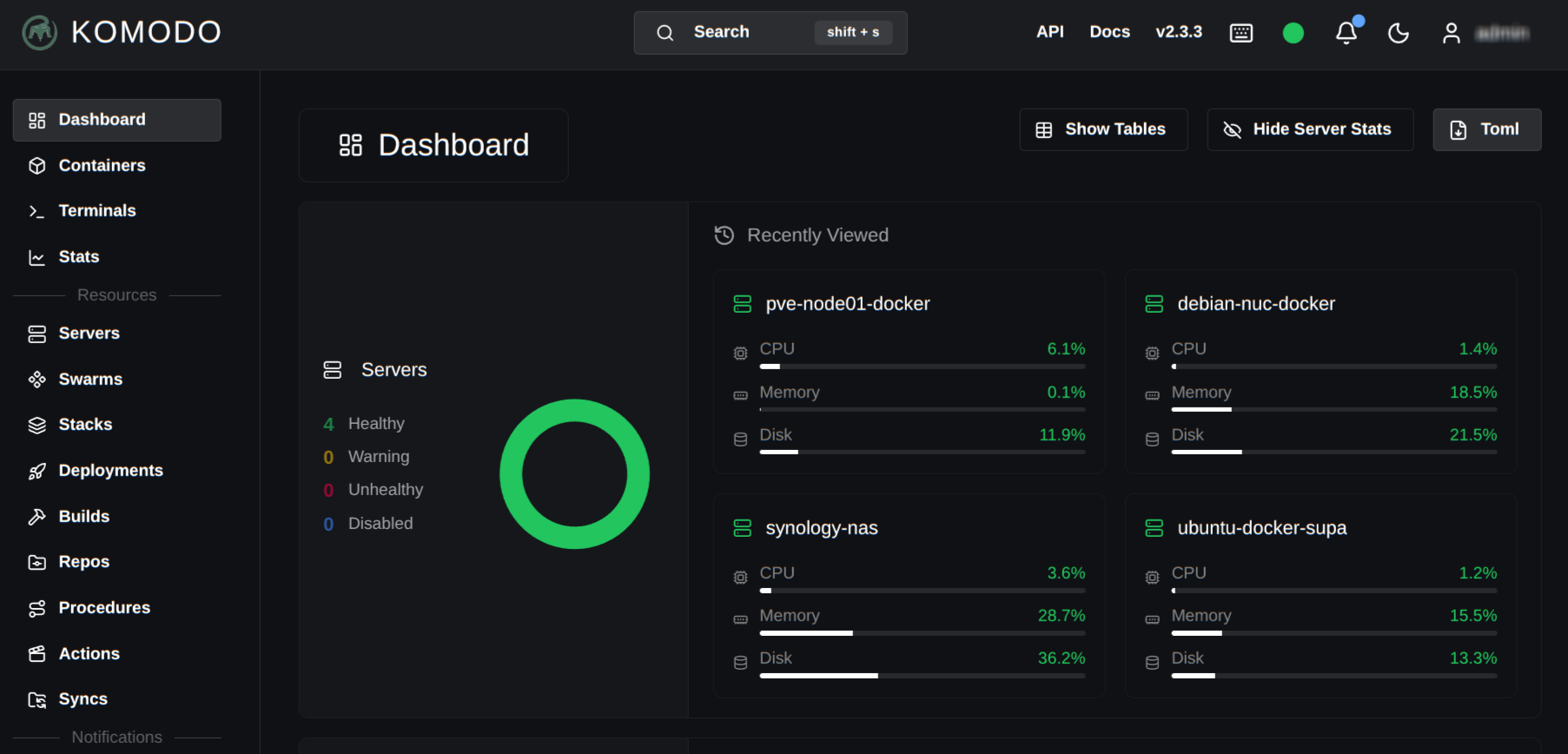 Komodo dashboard showing multiple Docker hosts