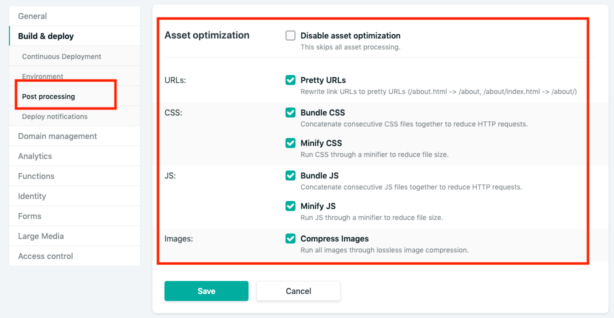 "Build & Deploy" and go to "Asset Optimization"