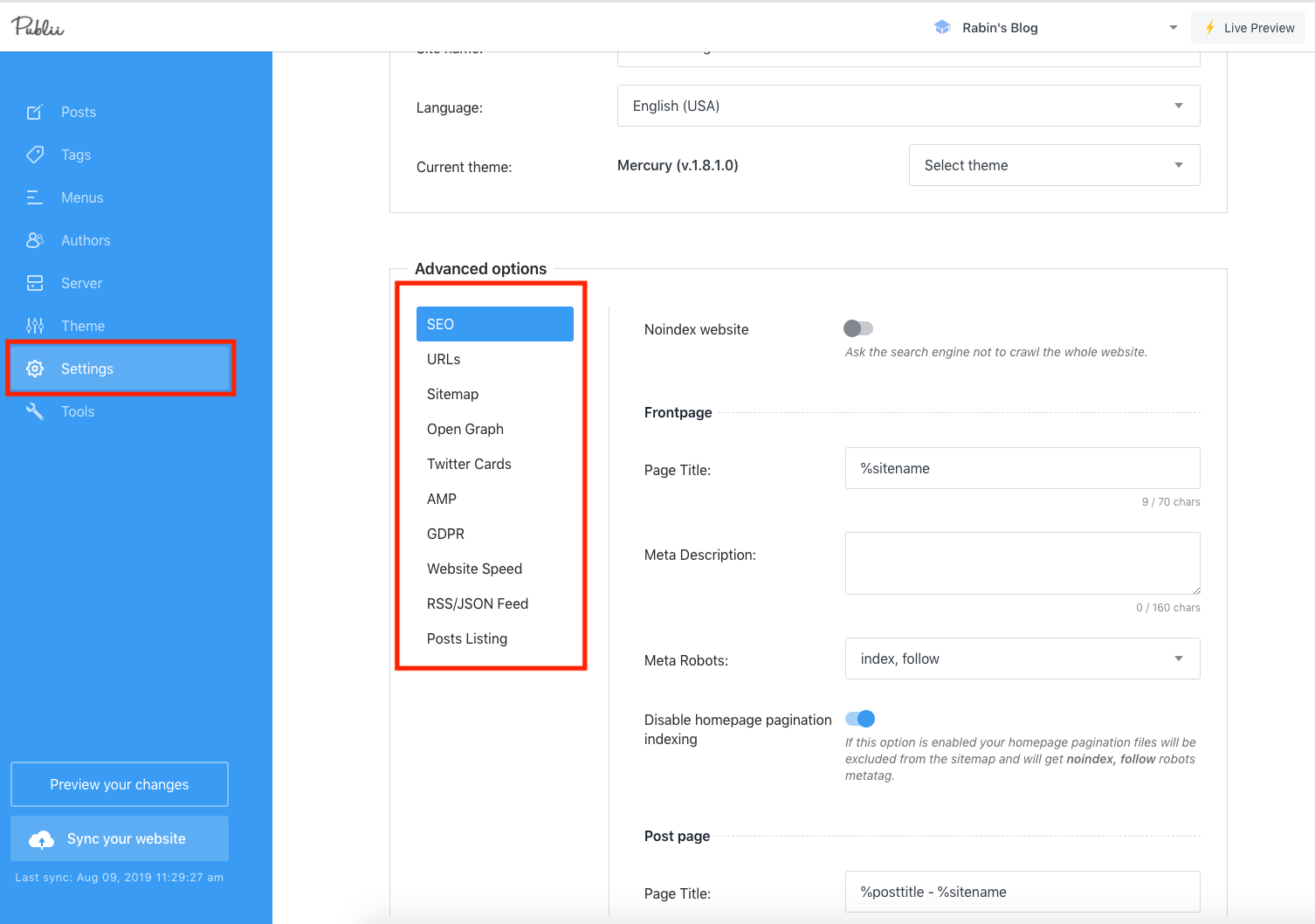 Publii - Settings for the Website