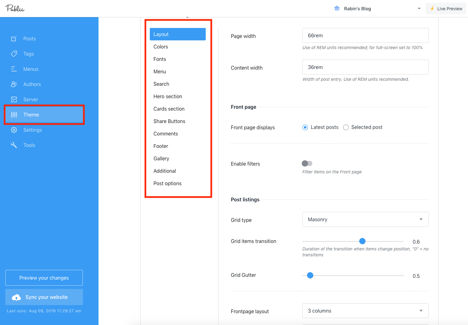 Publii - Theme Related Settings for the Website