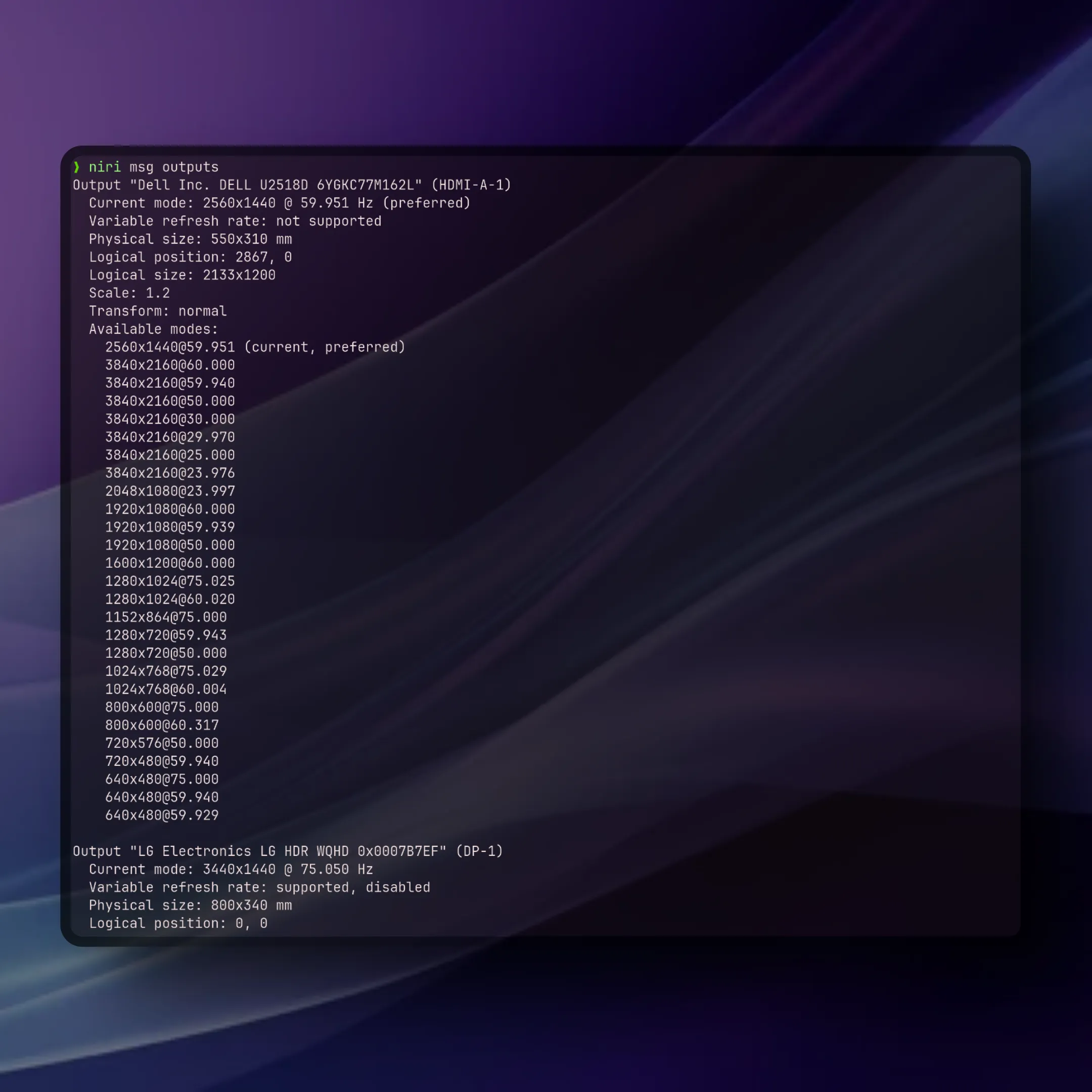 Niri output msgs command on console
