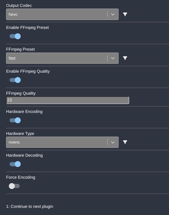 FFmpeg Command: Set Video Encoder settings showing HEVC, NVENC, hardware decoding, quality 23, preset.