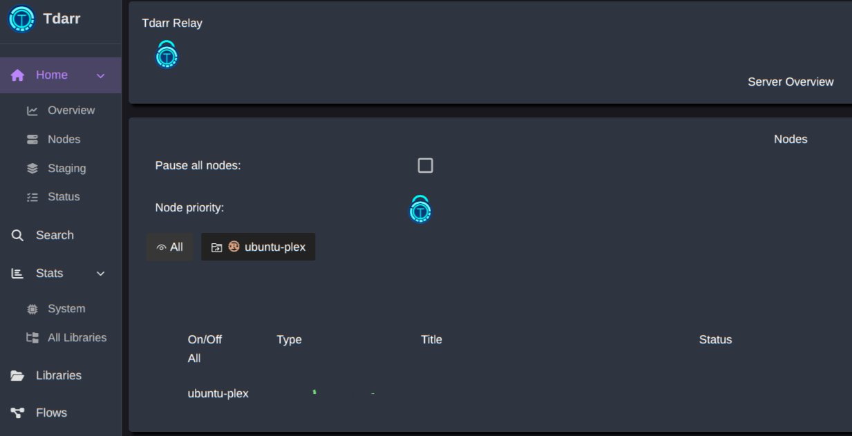 Tdarr web interface with the connected local Node visible