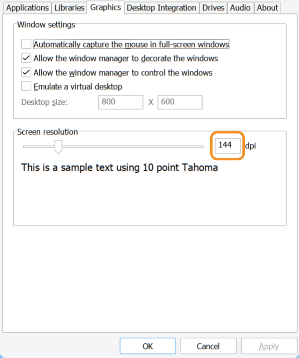 Wine configuration graphics tab, I set mine to 144dpi