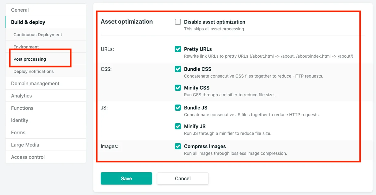 'Build & Deploy' and go to 'Asset Optimization'