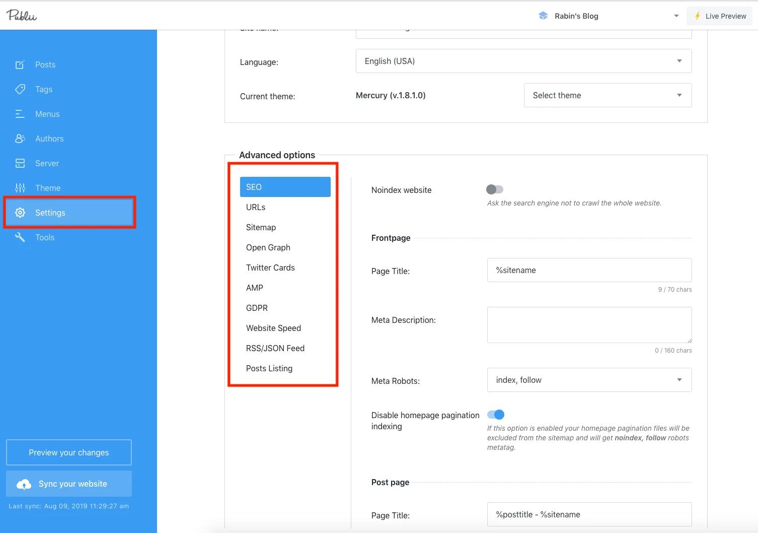 Publii - Settings for the Website