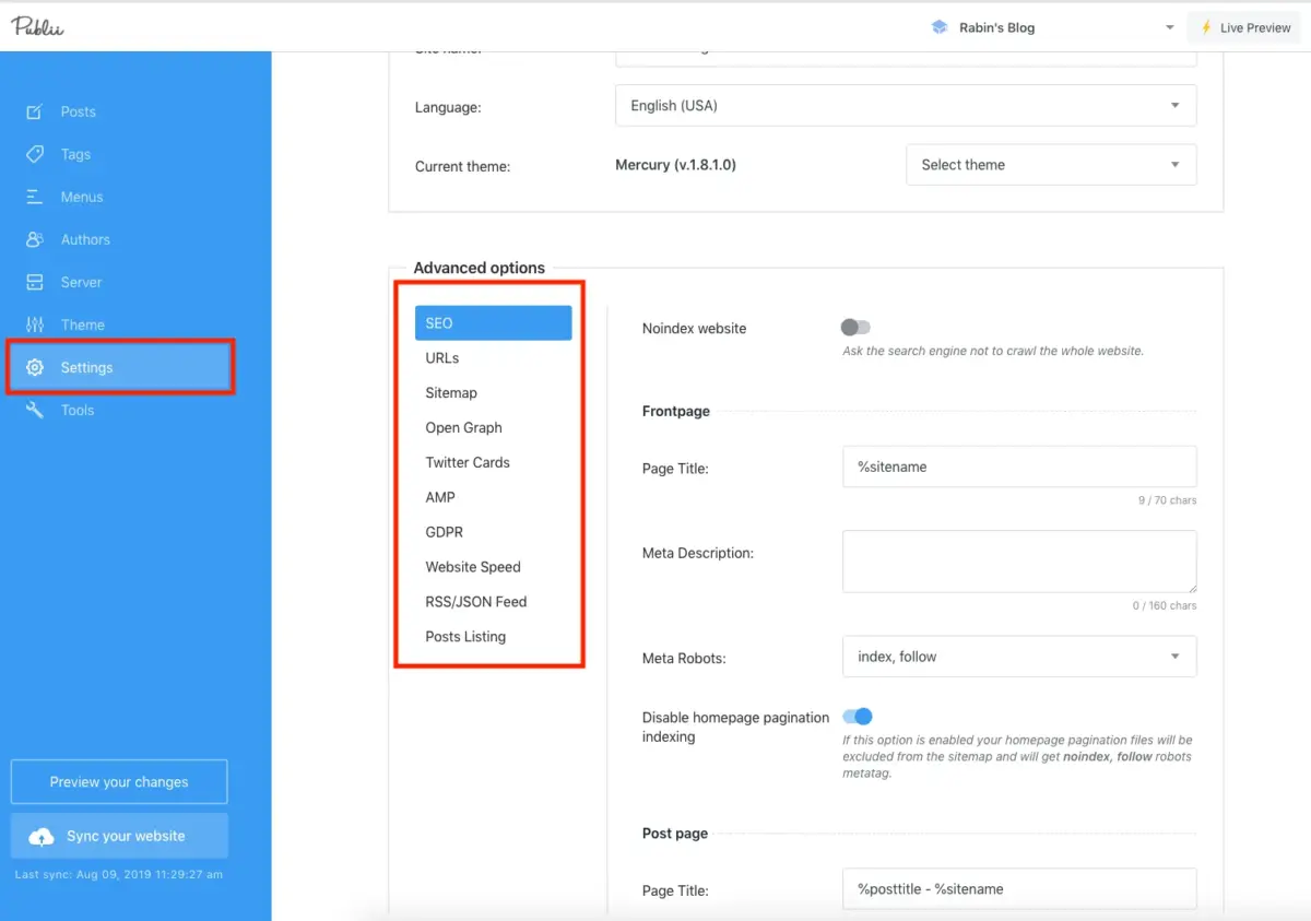 Publii - Settings for the Website
