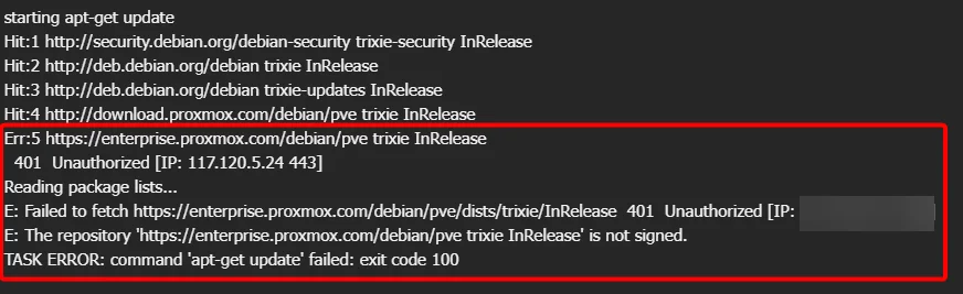 Proxmox apt-get update error 401 Unauthorized