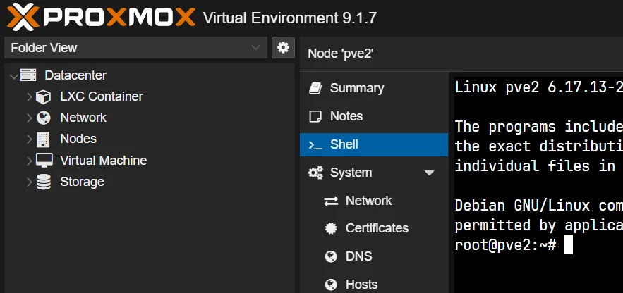Proxmox Virtual Environment console